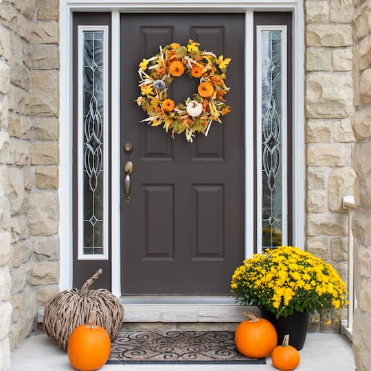 24" Velvet Pumpkins & Wheat Fall Harvest Wreath